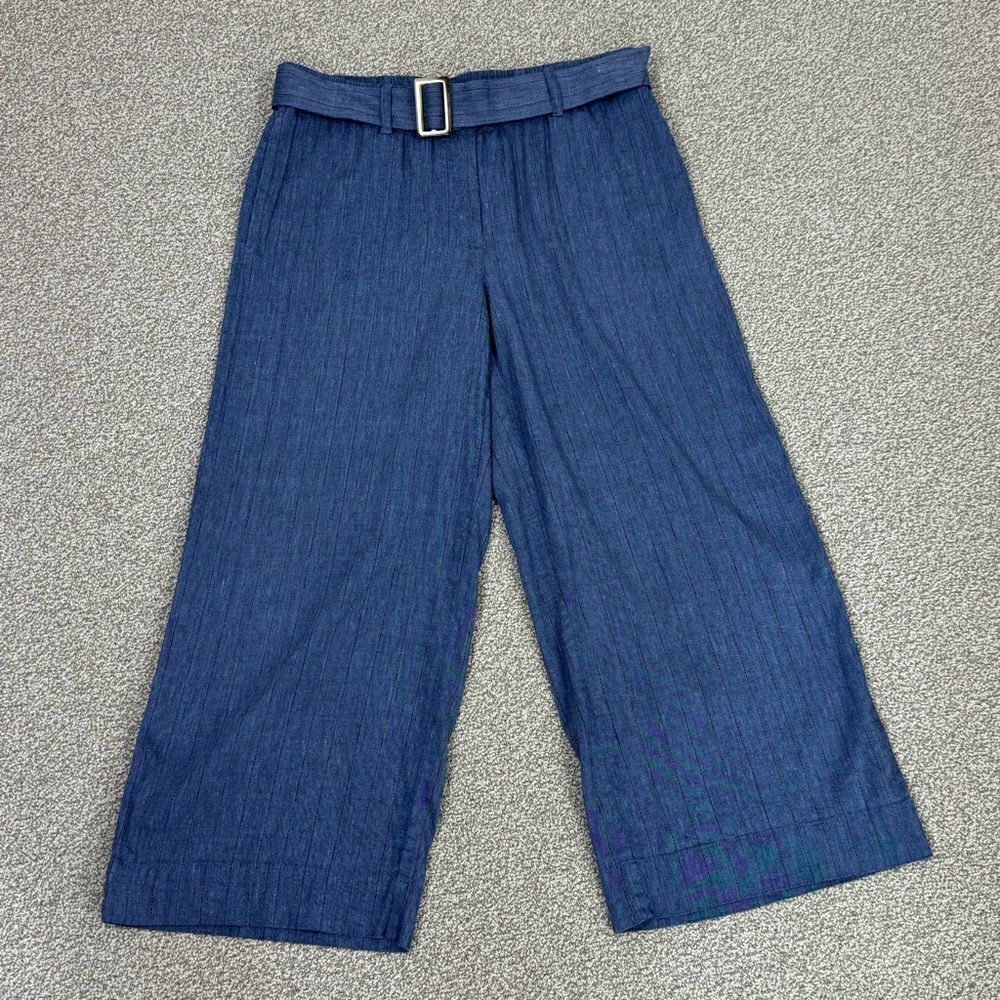 J. Jill Jenna Striped Linen Wide Leg Crop Pants Denim Blue Small Elastic Waist